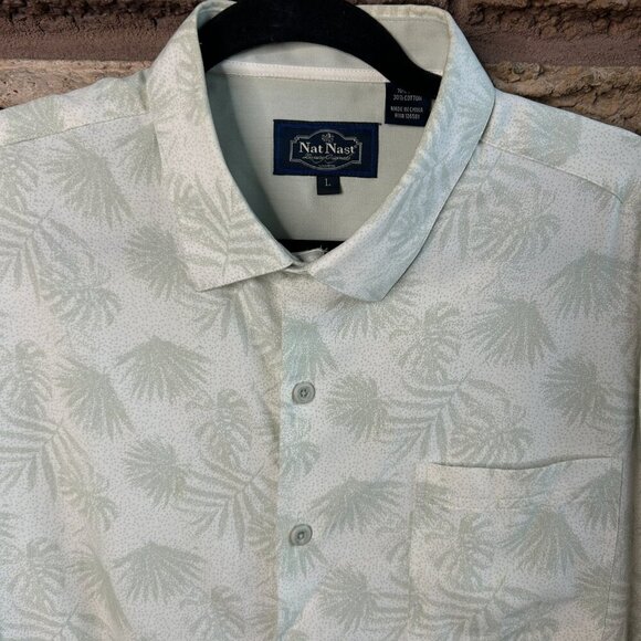 Nat Nast Men's Green Silk Cotton Blend Hawaiian Palm Fronds Short Sleeve Shirt - Picture 5 of 9